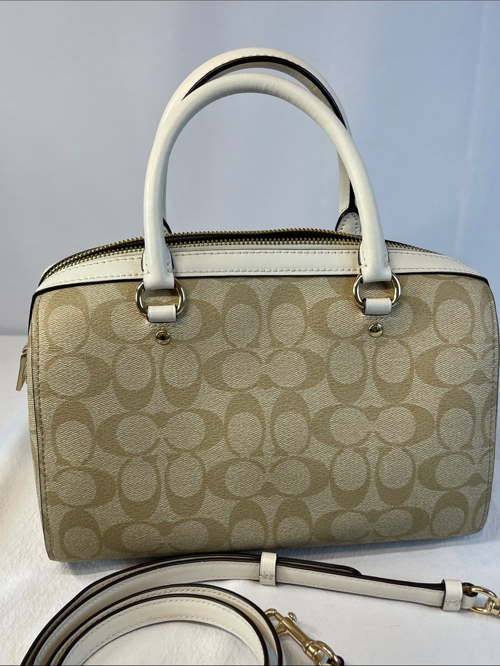 Coach Rowan F83607 Signature Canvas Chalk Leather Satchel Crossbody - Picture 4 of 8